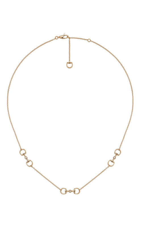 Gold necklace on a white background

Gucci Horsebit 18K Diamond Pendant Necklace YBB83759600100U Bandiera Jewellers