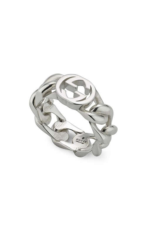 Silver ring with a Gucci logo on a white background

GUCCI Interlocking Silver Ring YBC843627001 Bandiera Jewellers