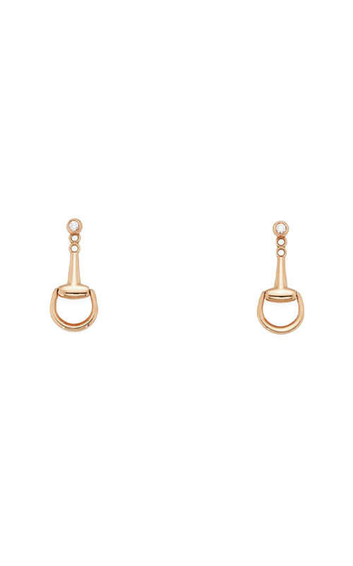 Pair of gold equestrian stirrup earrings on a white background

Gucci Horsebit 18Kt Diamond Earrings YBD83760500100U Bandiera Jewellers