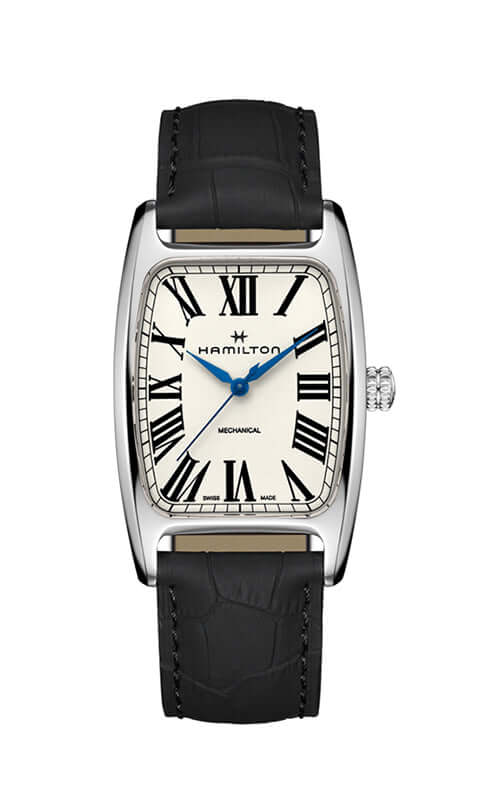 Hamilton watch with black leather strap and white face on a white background

Hamilton American Classic Boulton Mechanical H13519711 Bandiera Jewellers
