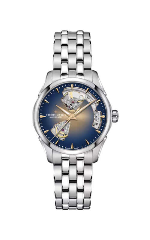 Silver wristwatch with a blue dial on a white background

Hamilton Jazzmaster Open Heart Lady's Watch H32215101 Bandiera Jewellers