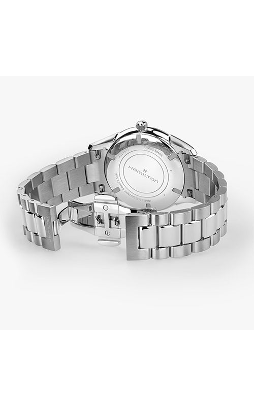 Silver watch with a detailed face on a white background

Hamilton Jazzmaster Quartz 40mm H32461161 Bandiera Jewellers