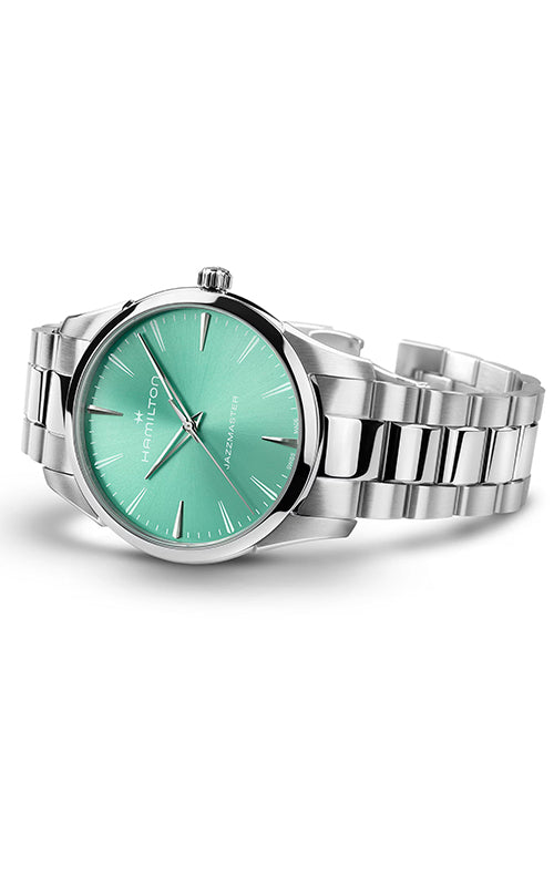Hamilton watch with silver bracelet and green dial on a white background

Hamilton Jazzmaster Quartz 40mm H32461161 Bandiera Jewellers