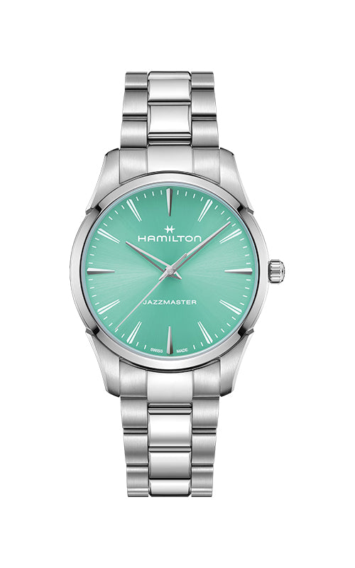 Hamilton watch with silver bracelet and green dial on a white background

Hamilton Jazzmaster Quartz 40mm H32461161 Bandiera Jewellers