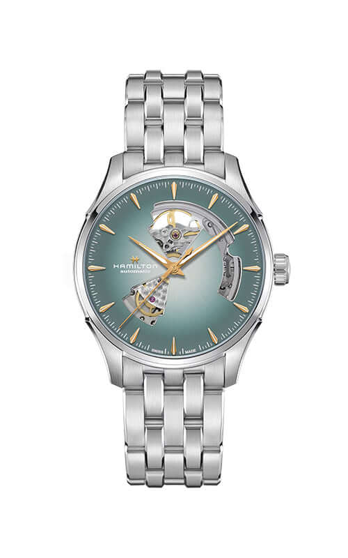Silver watch with a detailed face on a white background

Hamilton Jazzmaster Open Heart H32675141 Bandiera Jewellers