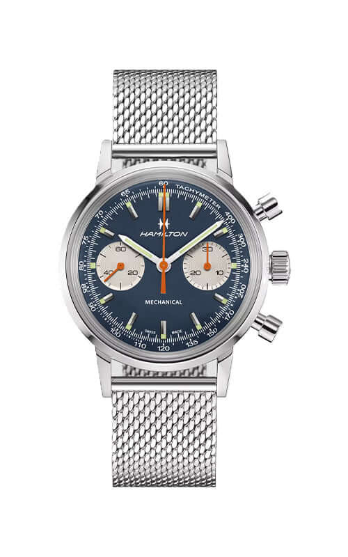 Hamilton watch with blue face and silver mesh band on a white background

Hamilton Intra-Matic Auto Chrono H38429541 / Bandiera Jewellers
