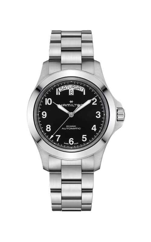 Hamilton watch with black dial and silver metal bracelet on a white background

Hamilton Khaki Field King Day-Date Automatic Watch H64475131 Bandiera Jewellers
