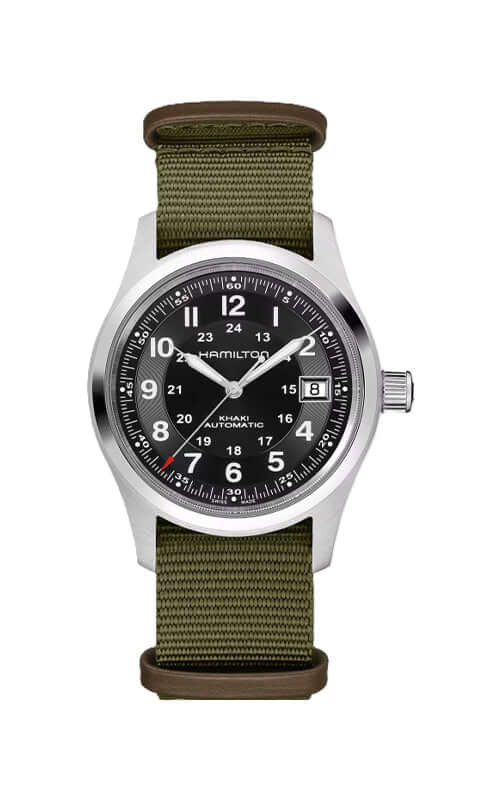 Watch with green strap and black dial on a white background

Hamilton Khaki Field Call of Duty LTD ED Watch H70475930 Bandiera Jewellers
