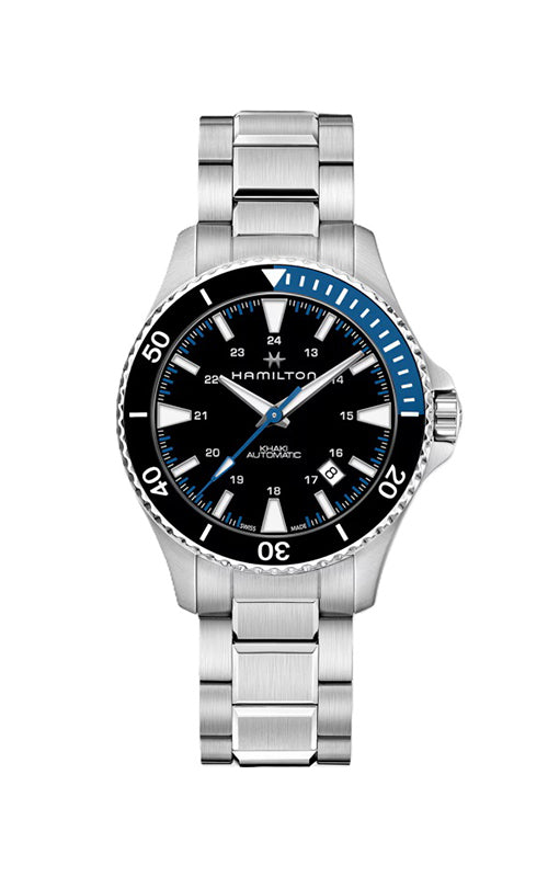 Hamilton watch with black dial and silver metal bracelet on a white background

Hamilton Khaki Navy Scuba H82315131 /  Bandiera Jewellers