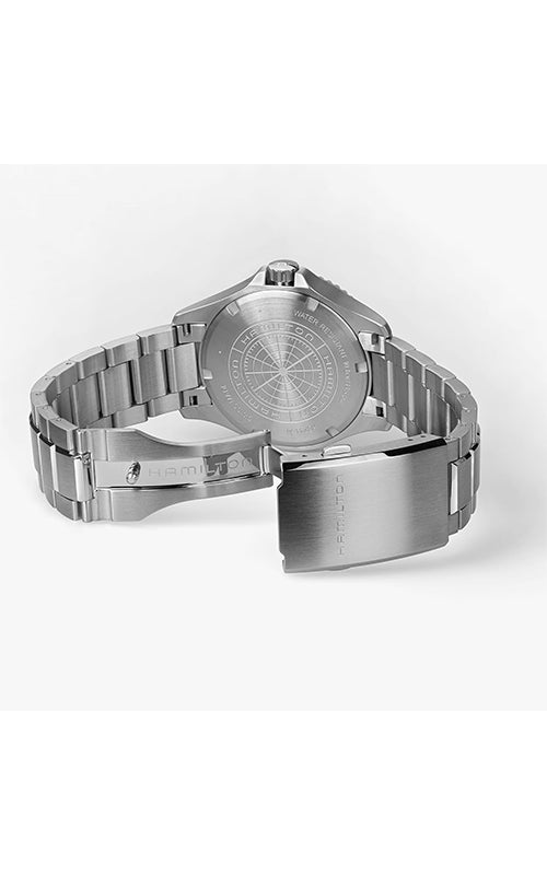 Silver watch with a detailed face on a white background

Hamilton Khaki Navy Scuba H82415130 Bandiera Jewellers
