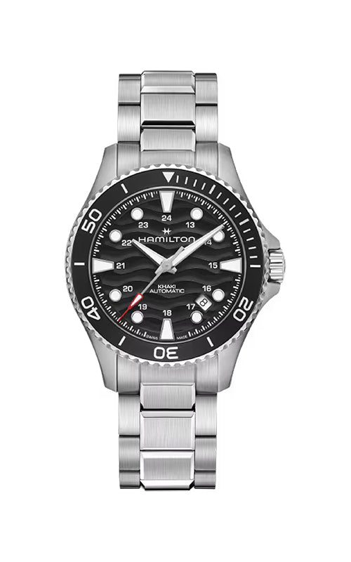 Hamilton watch with black dial and silver bracelet on a white background

Hamilton Khaki Navy Scuba H82415130 Bandiera Jewellers