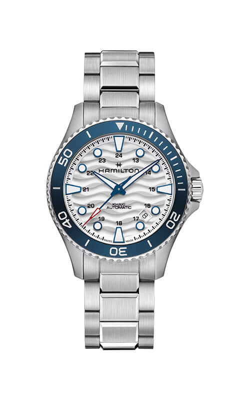 Hamilton watch with silver case and blue bezel on a white background

Hamilton Khaki Navy Scuba Auto H82425110 /  Bandiera Jewellers