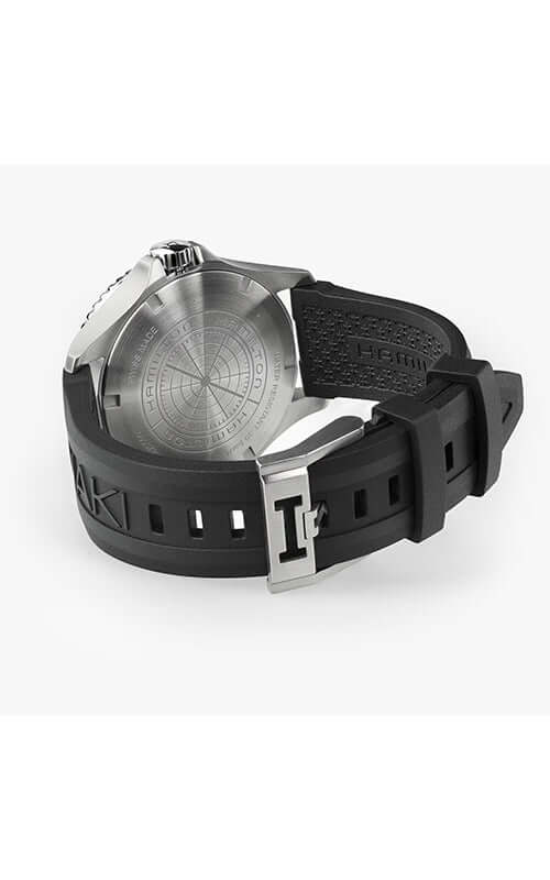 Black wristwatch with a detailed face on a white background

Hamilton Khaki Navy Scuba GMT H82555330 / Bandiera Jewellers