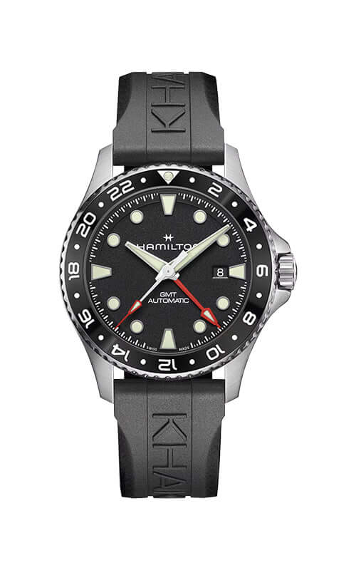 Hamilton watch with black dial and gray strap on a white background

Hamilton Khaki Navy Scuba GMT H82555330 / Bandiera Jewellers