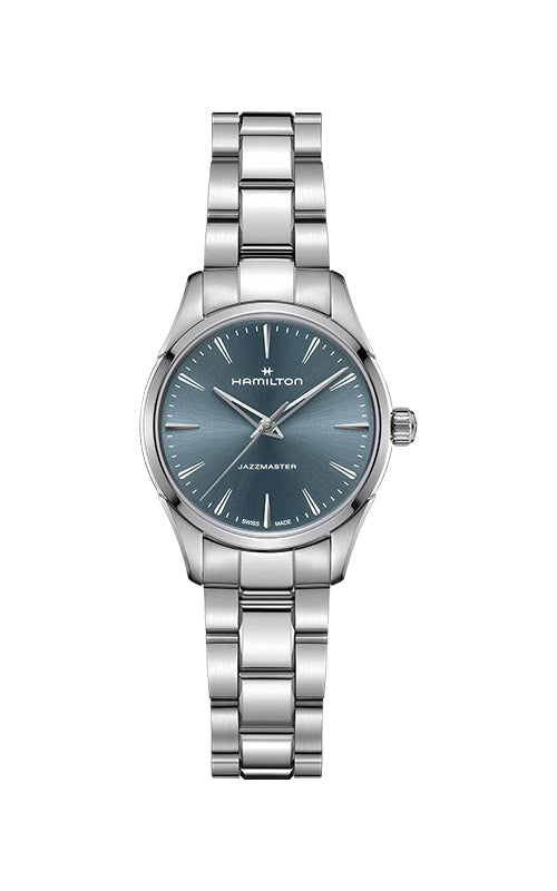 Silver Hamilton watch with blue dial on a white background

Hamilton Jazzmaster Quartz 32mm H32301141 Bandiera Jewellers
