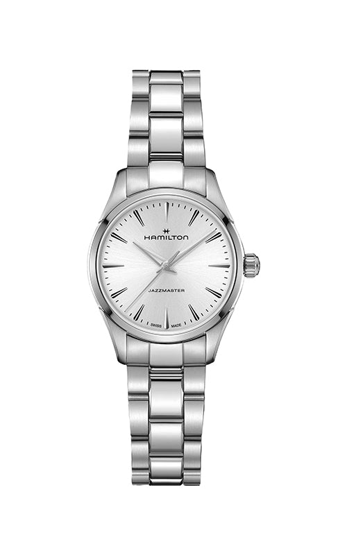 Silver Hamilton watch on a white background

Hamilton Jazzmaster Quartz 32mm H32301181 Bandiera Jewellers