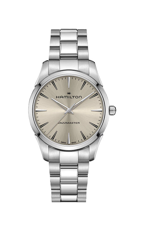 Silver Hamilton watch with a beige face on a white background

Hamilton Jazzmaster Quartz 40mm H32461121 Bandiera Jewellers