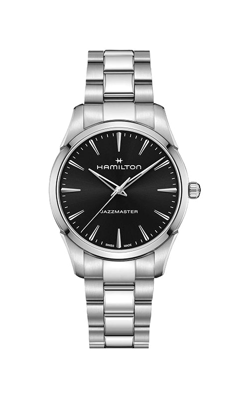 Hamilton watch with black dial and silver metal bracelet on a white background

Hamilton Jazzmaster Quartz 40mm H32461131 Bandiera Jewellers