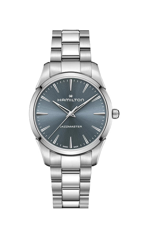 Silver Hamilton watch with a blue face on a white background

Hamilton Jazzmaster Quartz 40mm H32461141 Bandiera Jewellers