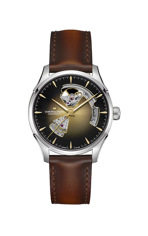 Watch with brown leather strap and black face on white background

Hamilton Jazzmaster Open Heart Watch H32675501 Bandiera Jewellers
