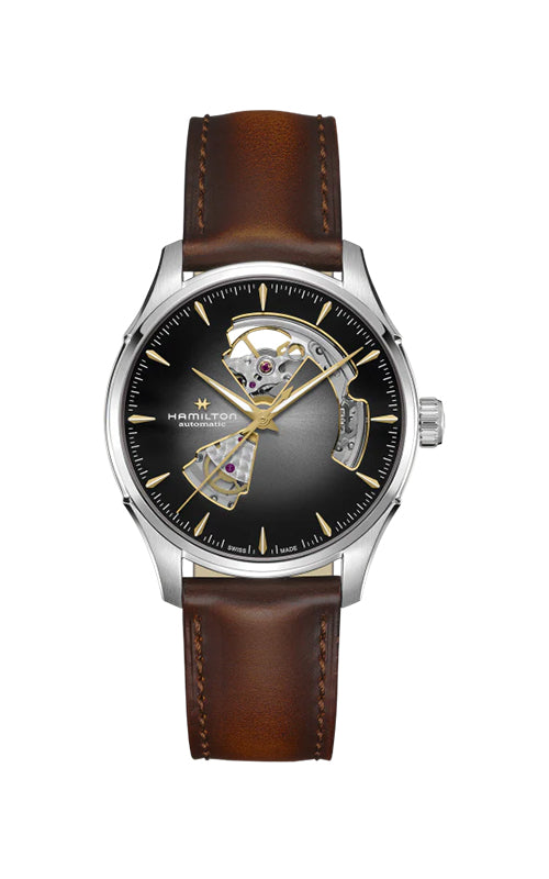 Watch with brown leather strap and black face on white background

Hamilton Jazzmaster Open Heart Watch H32675581 Bandiera Jewellers