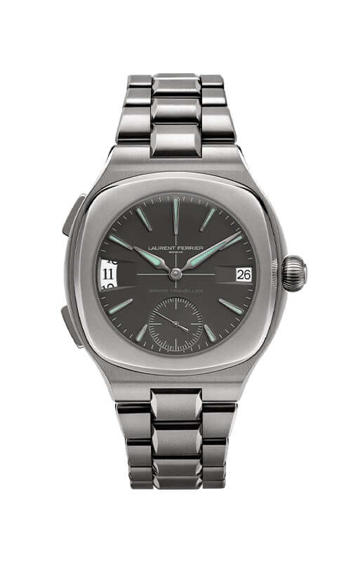 Silver watch with a dark face on a white background

Laurent Ferrier Sport Traveller Slate Grey LCF045.T1.NG1C7 Bandiera Jewellers