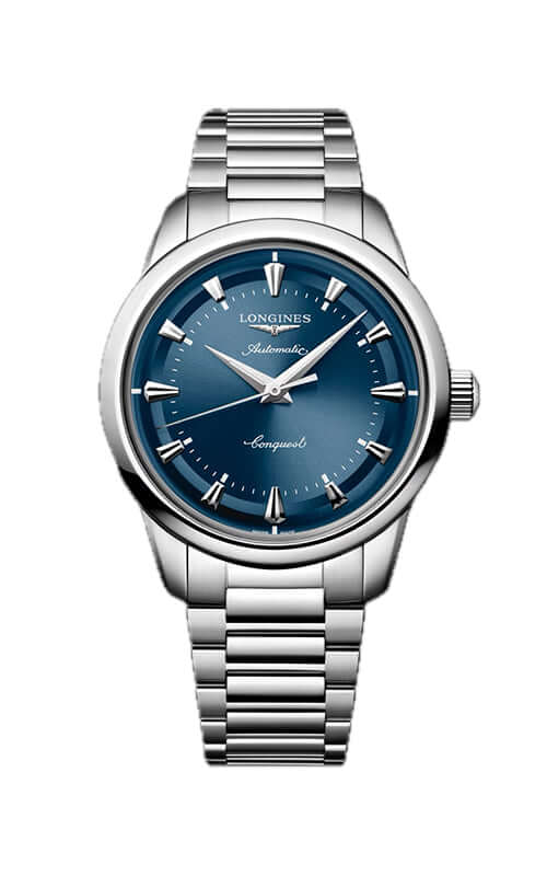 Silver watch with blue dial on a white background

Longines Conquest Heritage Automatic L16504926 | Bandiera Jewellers