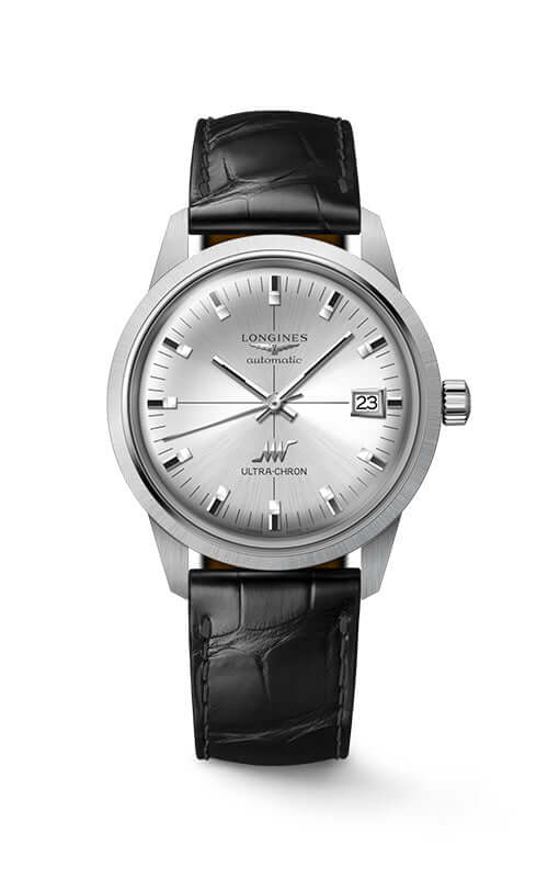 Longines watch with black leather strap on a white background

Longines Ultra-Chron Classic Automatic L25374722 Bandiera Jewellers