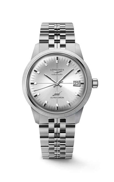 Silver Longines watch with a white face on a white background

Longines Ultra-Chron Classic Automatic L25374726 Bandiera Jewellers