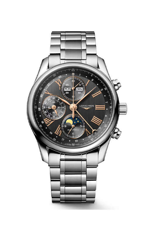 Silver wristwatch with a detailed black face on a white background

Longines Master Collection Chrono Moonphase L26734616 Bandiera Jewellers
