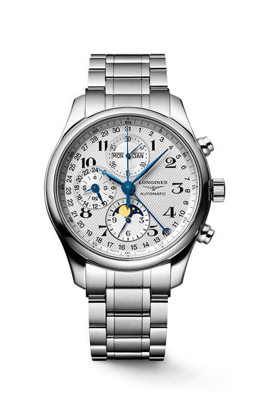 Silver wristwatch with detailed face on a white background

Longines Master Collection Chronograph L27734786 Bandiera Jewellers