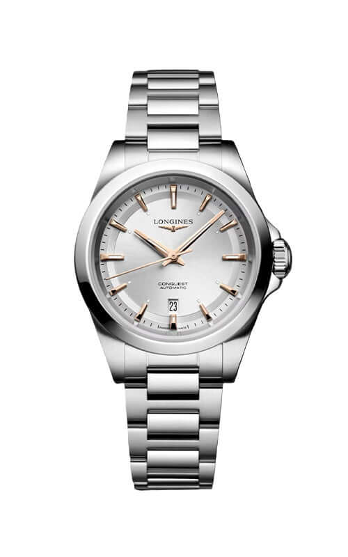 Silver wristwatch with a white face on a white background

Longines Conquest L33204726 Bandiera Jewellers