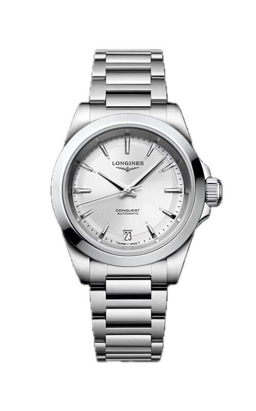 Silver Longines watch with a white face on a white background

Longines Conquest L34304976 | Bandiera Jewellers
