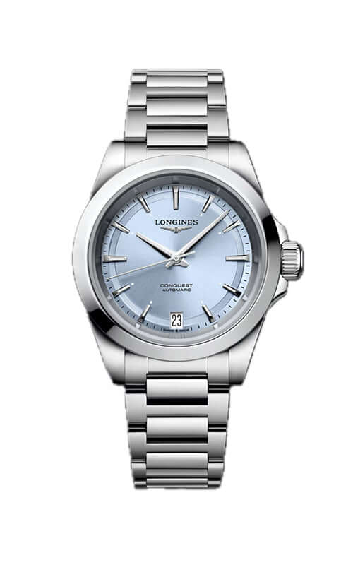 Silver Longines watch with a white face on a white background

Longines Conquest L34304926 | Bandiera Jewellers