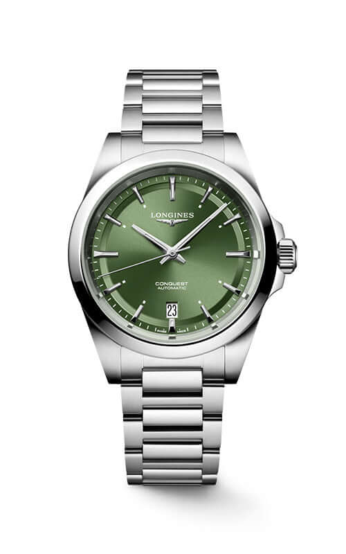 Silver watch with green dial on a white background

Longines Conquest Automatic L37204026 Bandiera Jewellers