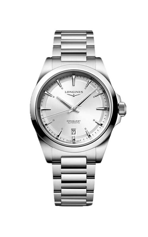 Silver Longines watch with a white face on a white background

Longines Conquest Automatic L37204726 | Bandiera Jewellers