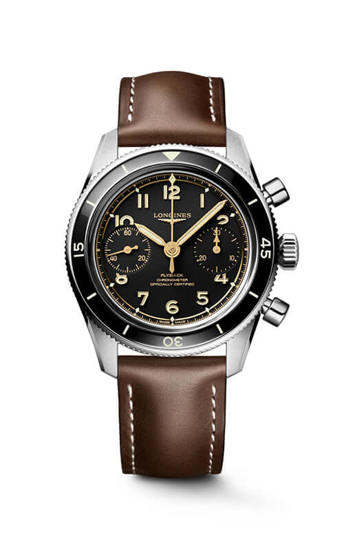 Luxury watch with brown leather strap and black dial on a white background

Longines Spirit Pilot Flyback L37214536 | Bandiera Jewellers