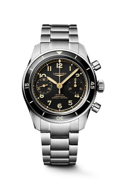 Silver watch with black face on a white background

Longines Spirit Pilot Flyback L37214536 Bandiera Jewellers
