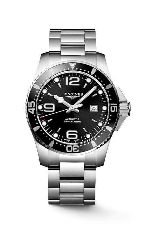 Longines watch with black dial and silver bracelet on a white background

Longines HydroConquest L37424566 Bandiera Jewellers