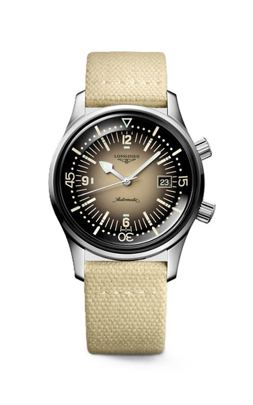 Watch with beige strap and black dial on a white background

Longines Legend Diver L37744302 Bandiera Jewellers