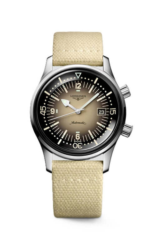 Watch with beige strap and black dial on a white background

Longines Legend Diver L37744302 Bandiera Jewellers