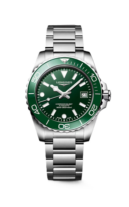 Green and silver watch with 'Longines' branding on a white background

Longines HydroConquest L37794066 Bandiera Jewellers