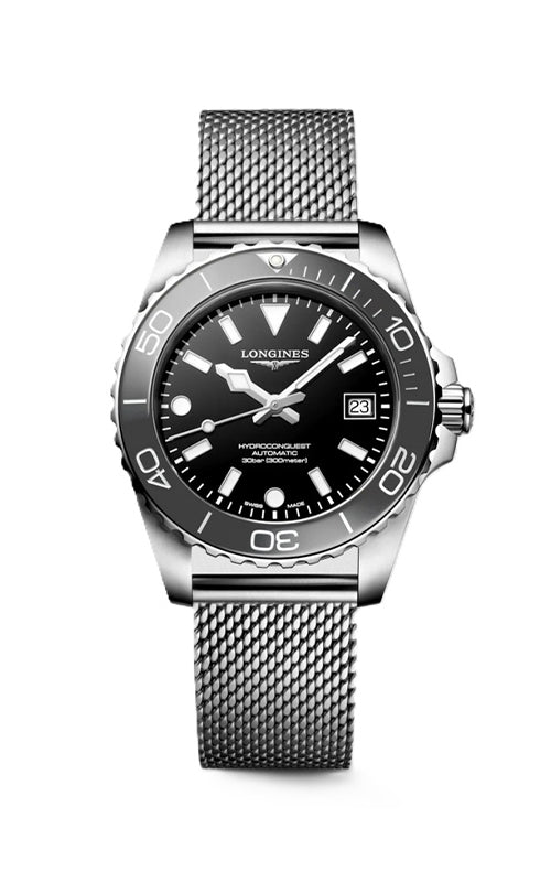Longines watch with black dial and silver mesh band on a white background

Longines HydroConquest L37794706 | Bandiera Jewellers