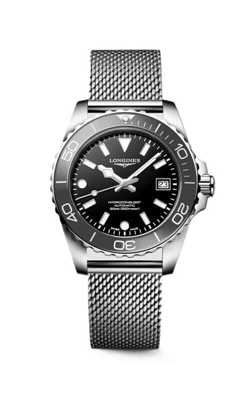Longines watch with black dial and silver mesh band on a white background

Longines HydroConquest L37794706 | Bandiera Jewellers
