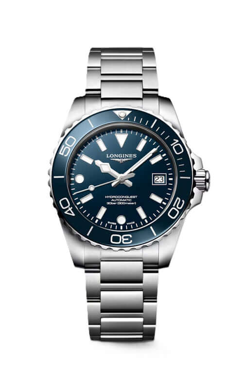 Silver watch with blue dial on a white background

Longines HydroConquest L37794966 | Bandiera Jewellers