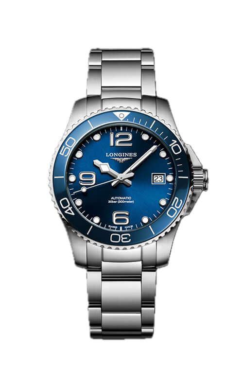 Silver watch with blue dial on a white background

Longines HydroConquest L37804966 | Bandiera Jewellers