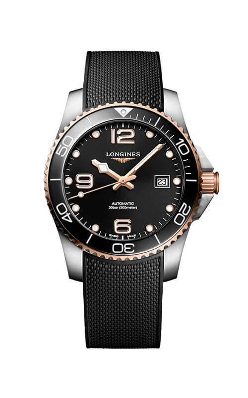 Longines watch with black dial and rose gold accents on a white background

Longines HydroConquest L37813589 Bandiera Jewellers