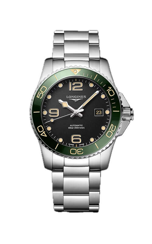 Longines watch with silver bracelet and green and black dial on a white background

Longines HydroConquest L37814056 | Bandiera Jewellers