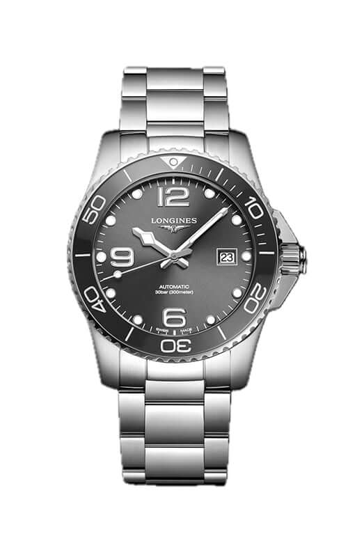 Silver watch with black dial on a white background

Longines HydroConquest L37814766 | Bandiera Jewellers