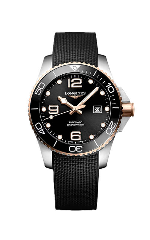 Longines watch with black dial and rose gold accents on a white background

Longines HydroConquest L37823589 | Bandiera Jewellers